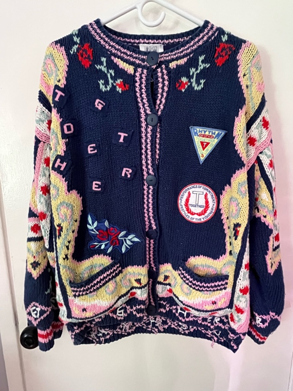 Vintage Together Blue Floral Patch Knit Cardigan Sweater Size M Retro Grandma